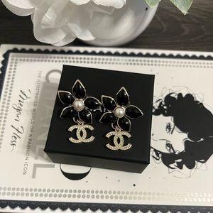 Chanel 22K Flower CC Crystal Drop Earrings - AUTH